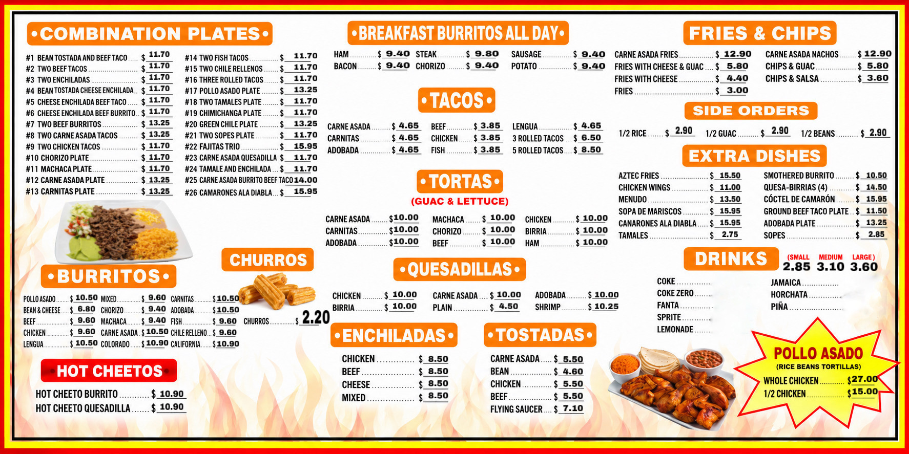 Original Los 4 Pollos printed menu with all listed items and prices
